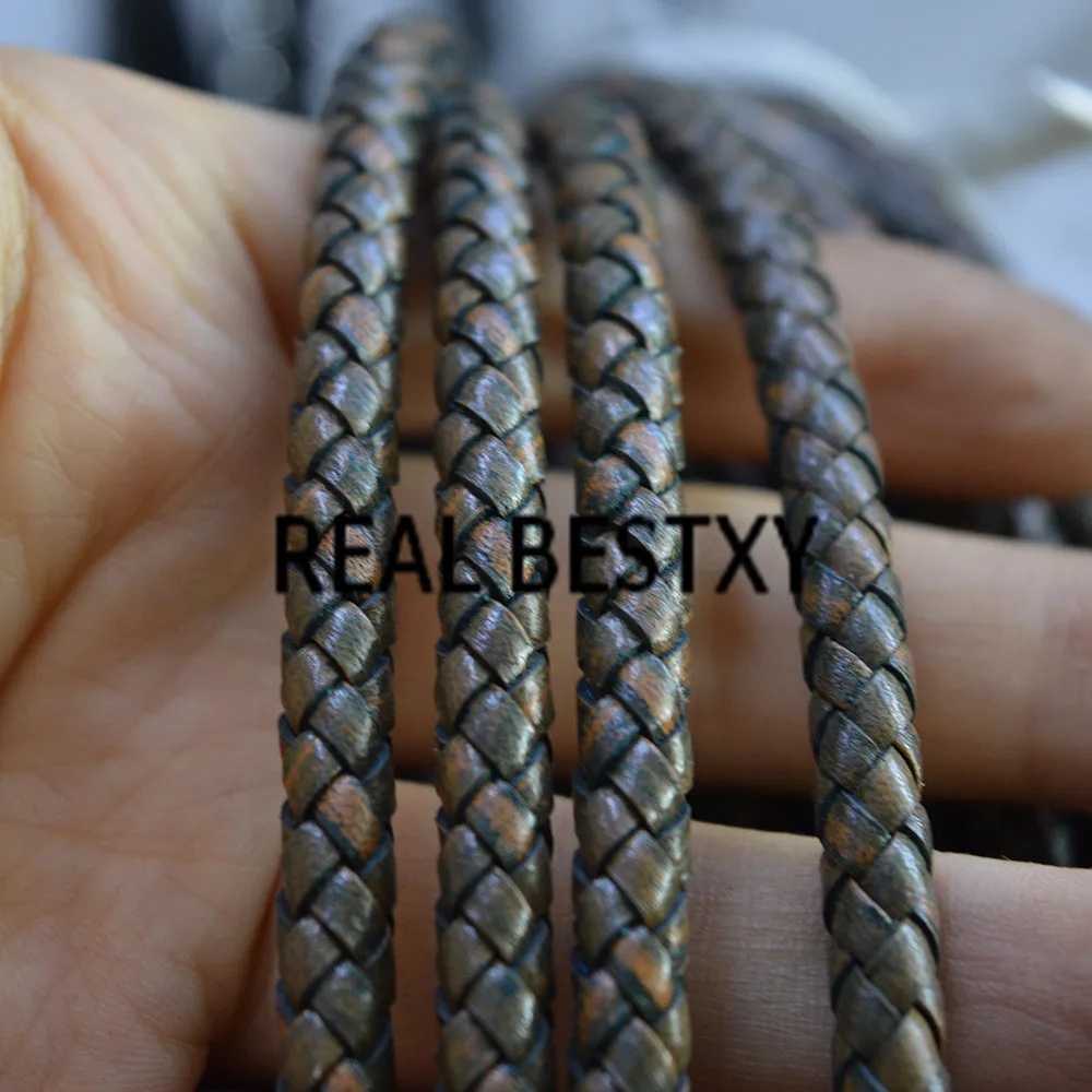 

REAL BESTXY 5m/lot 6mm/antique braided round leather ropes for bracelets and necklace making antique genuine leather cords