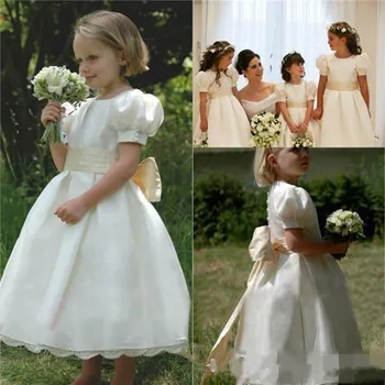 

New Popular Elegant Princess with Belt Bow Short Sleeves Ankle-Length Organza Flower Girl Dress For Wedding Vestidos De Fiesta