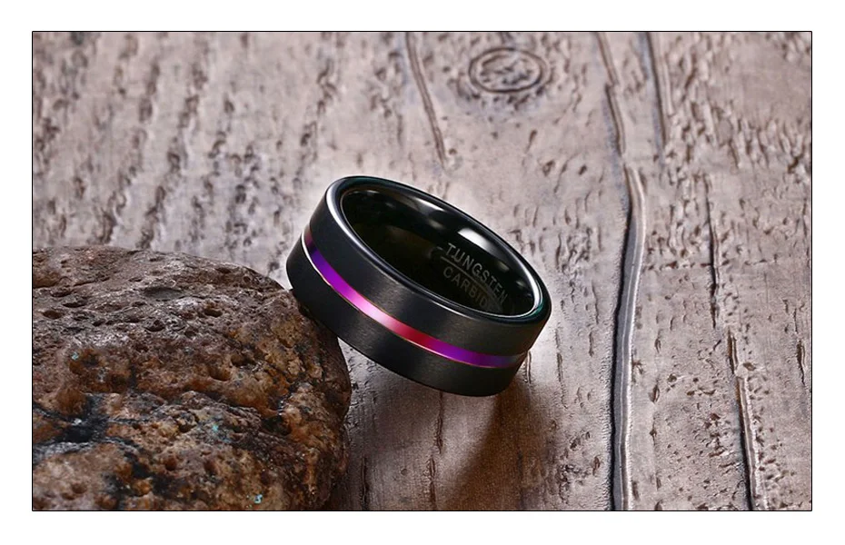 Meaeguet 8 мм широкий черный вольфрам карбида кольцо для мужчин Мода один паз Радуга волокно обручальные кольца ювелирные изделия размер США