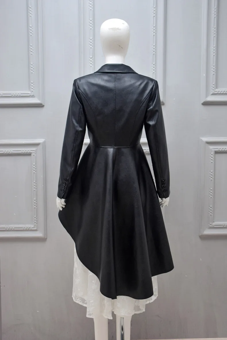 Spring 2019 New Same Black Lotus Leaf Edge Irregular Leather Garment Single Button Turn-down Collar Button black Jacket Women