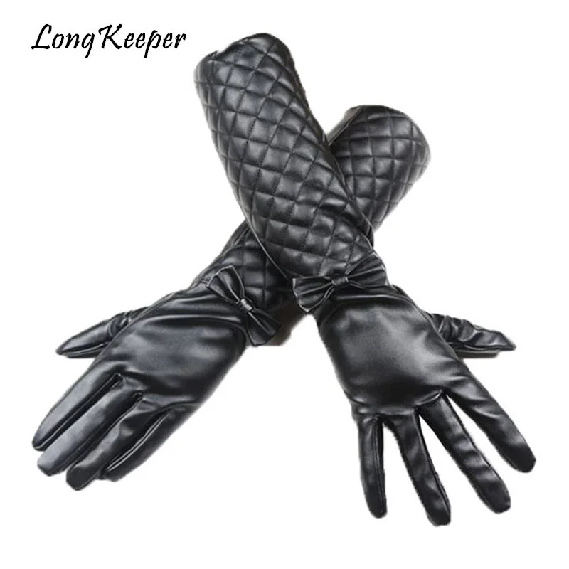 Длинный Хранитель женские с длинным рукавом высококачественные кожаные перчатки Роскошный Бант сексуальные женские перчатки полный палец зимние черные теплые Luvas
