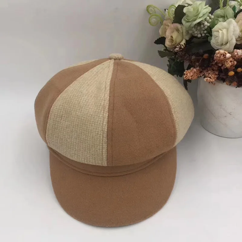 MAXSITI U осень и зима новая Ретро двухцветная Лоскутная шерстяная восьмиугольная шляпа женская мода Newsboy шапки