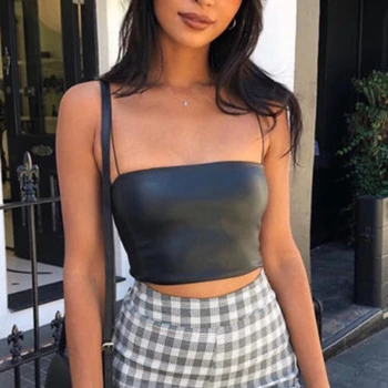 

Women's Sexy Club PU Leather Tube Tops Solid Sleeveless Crop Tank Tops