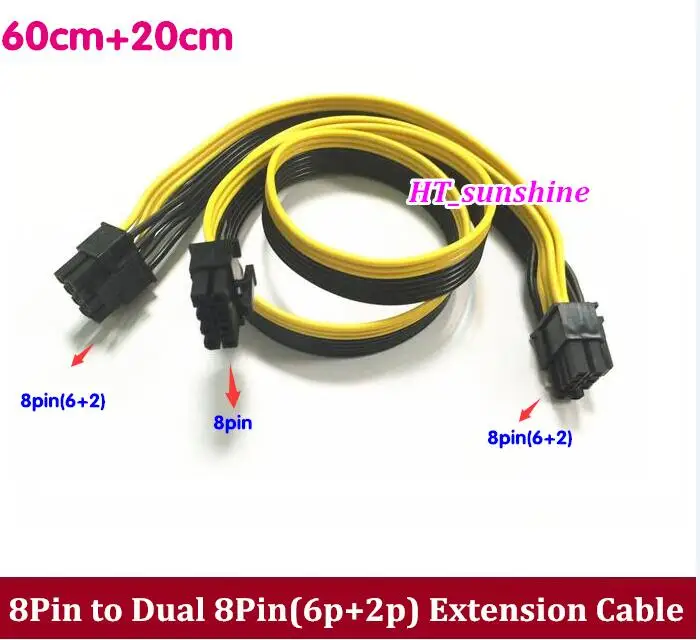 

20PS Free Shipping 8 Pin Male to Dual 8 Pin (6pin+2pin) MalePower Cable for Video Card 60cm+20cm Ribbon Cable