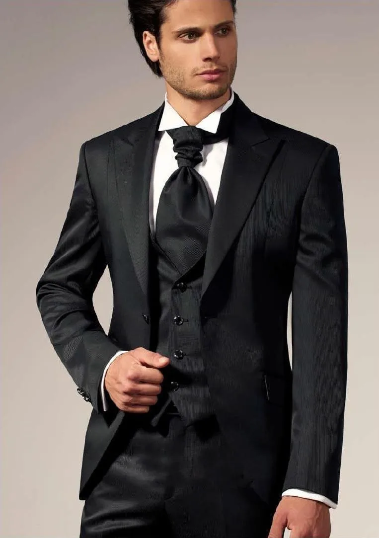 

Modest Black One Button Slim Fit Men Suits Groom Tuxedos Mens Wedding Suits Groomsmen Suits 3 Pieces Suit (Jacket+Pants+Vest)