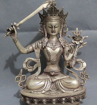 

11"China Chinese Tibet Silver Lucky Old Sit manjuist Kwan-Yin Buddha Statue