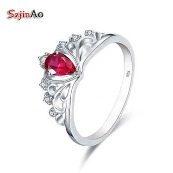 

Szjinao 100% 925 Sterling Silver Crown Wedding Rings for Women Heart Shape Red Stone Ruby Engagement Rings Anel Feminino 2017