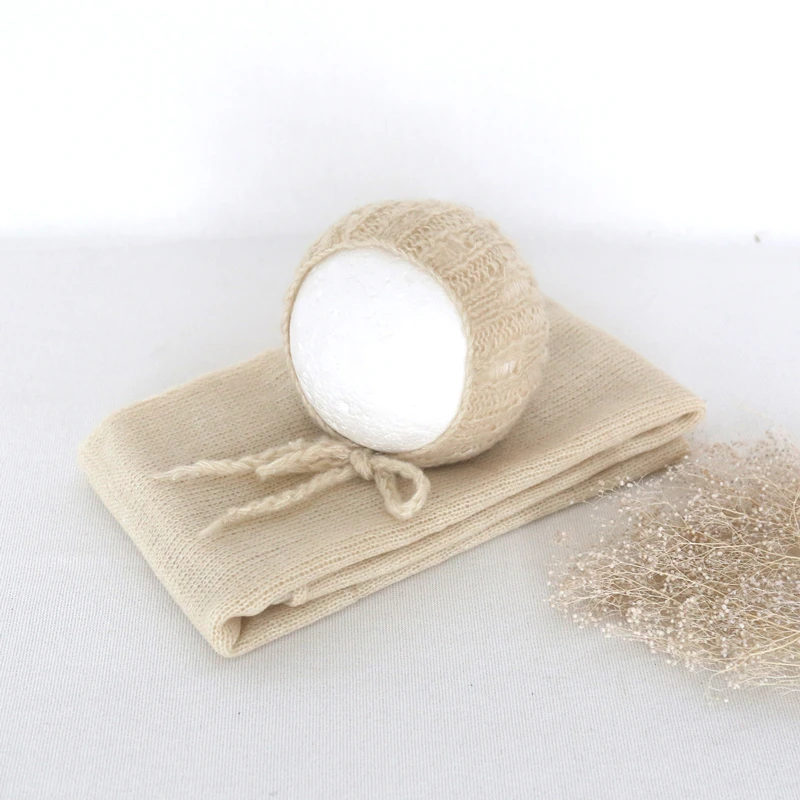 

Beige Newborn Stretch Wrap Hat Set Photo Prop Fluffy Soft Baby Swaddle Cocoon Bonnet Infant Shoot Photography Props