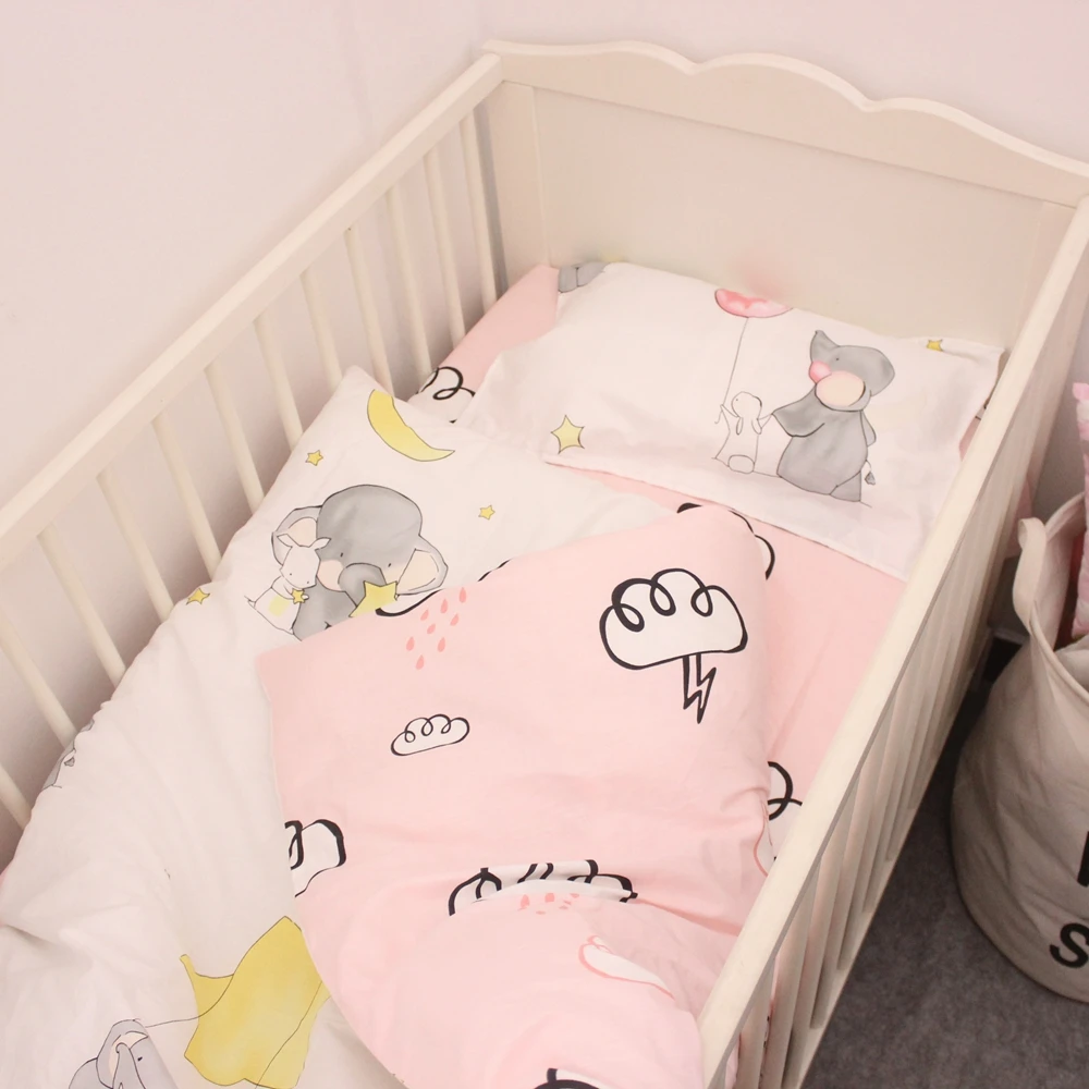 

3pcs/set 100% cotton baby bedding set Elephant and Clouds on the pink design included duvet cover flat sheet pillowcase for girl