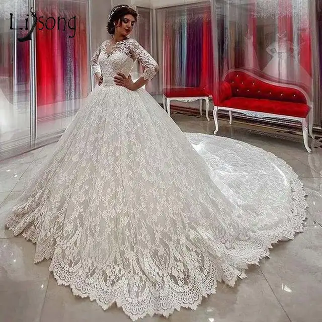 Vinatge Luxury Lace Wedding Dresses 2019 Full Sleeves Big Bow Back