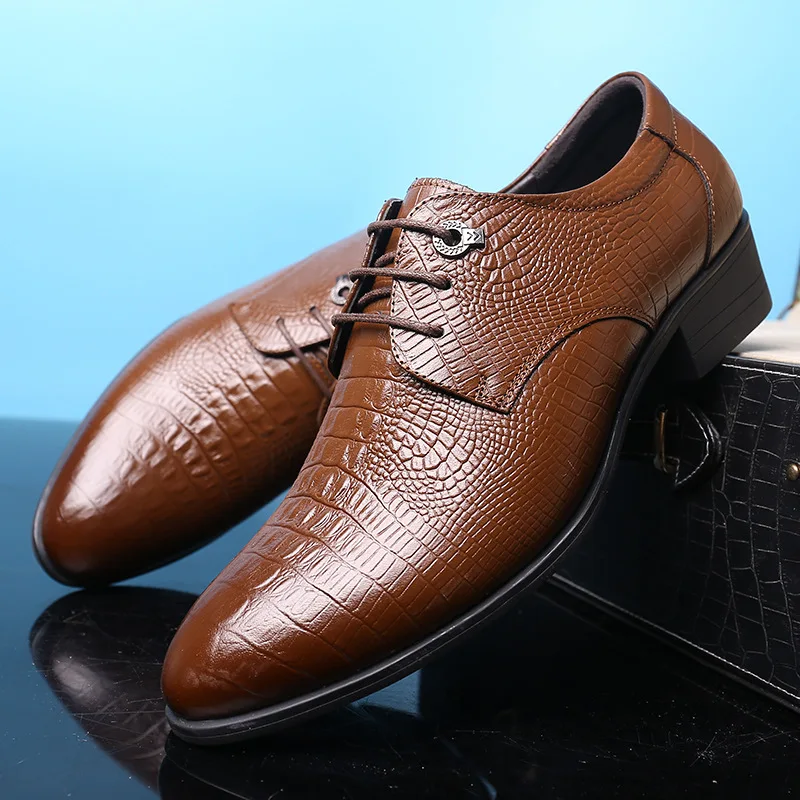 

New Men Luxury Party Dress Crocodile Grain Genuine Leather Shoes Lace up Teenage Oxfords Shoes Breathable Zapatos Point