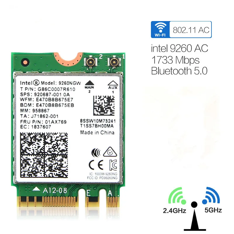 

Dual Band Wifi 1.73Gbps Wireless Card For Intel 9260 9260NGW 2.4G/5Ghz 802.11ac Wifi Bluetooth 5.0 Gigabit M.2 NGFF Wlan Card