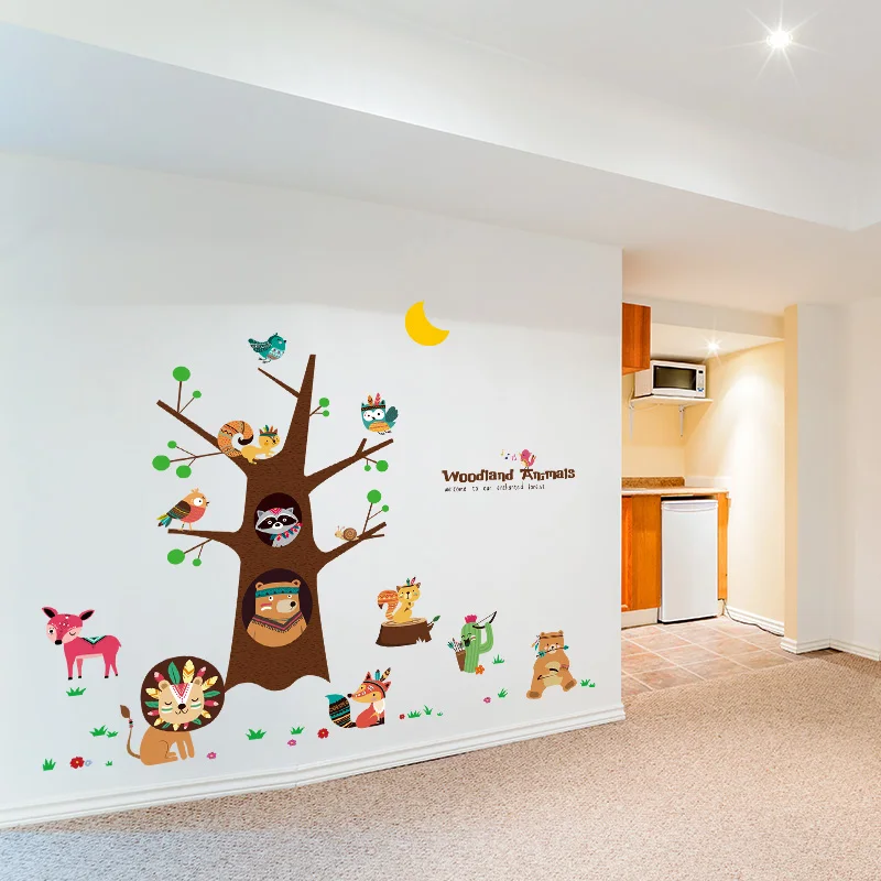 

[heatboywade]Indian Animals Tree Self-adhesive Wall Stickers for Kids room Nursery Baby room Home Decor Wall Decals Art Mural