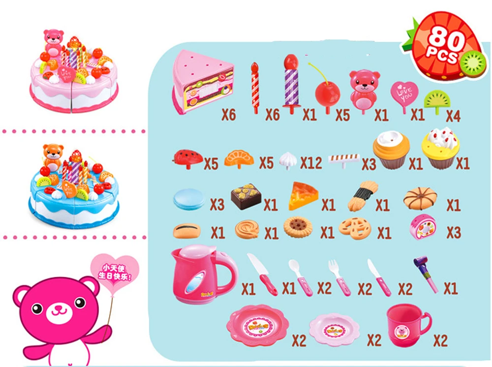 Brinquedos de Cozinha Bolo de Aniversário Cozinha para Crianças Cocina de Juguete Fingir Jogar Corte Comida Brinquedo Plástico Jogo Chá Conjunto 80 Pçs 13 corte bolo de aniversário comida brinquedo cozinha
