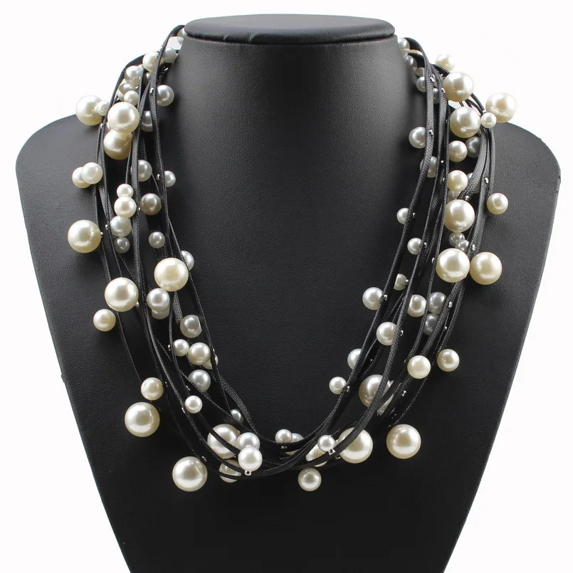 

Florosy Magnetic Buckle Bib Multi Layers Leather Chain Bead Simulated Pearl Necklace for Women Design Chunky Statement Necklace