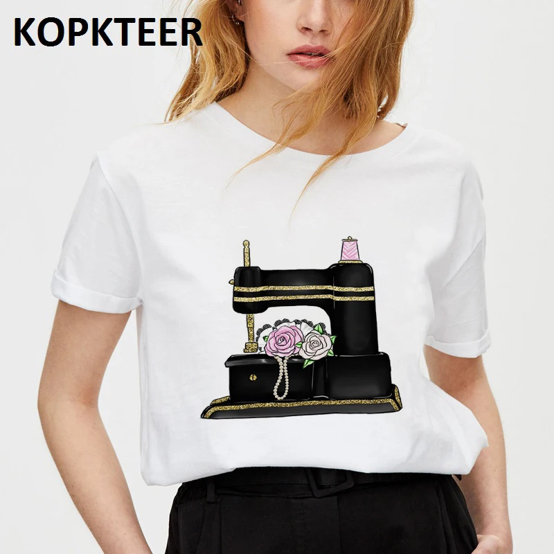 

New Cotton Women 2019 Harajuku Aesthetics T Shirt rose and Sewing machine Vogue Camiseta Mujer Tops Casual Tee Shirt Femme