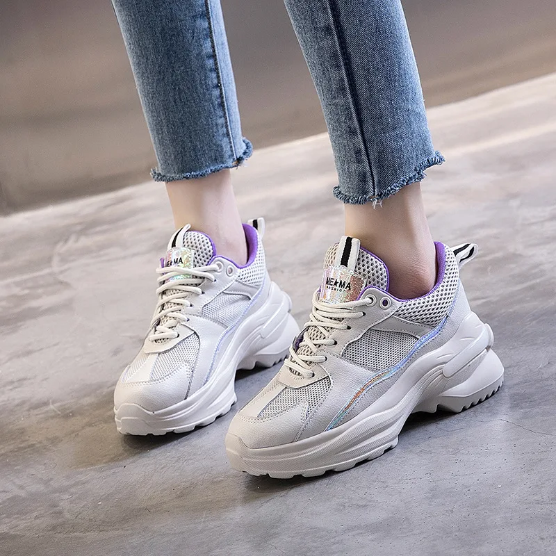 

Shoes Women Chunky Sneakers 2019 Spring New Genuine Leather zapatos de mujer Ladies Platform footware Patchwork chaussures femme