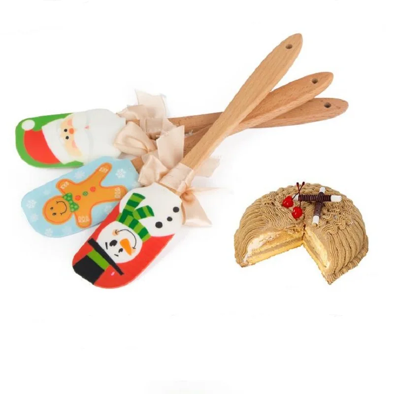  Christmas Design Food Non-Stick Cake Butter Knife Butter Spatula Wooden Handle Silicone Scraper Kit