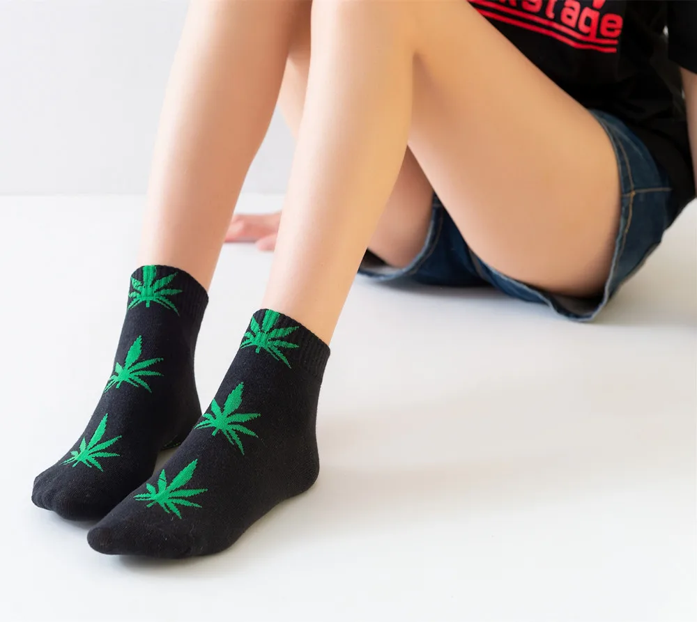 Moda Socmark Summer Women Men's Funny Ankle Socks Hemp Meias Long Happy Maple Leaf sokken Cotton Weed Grass White Black Socken