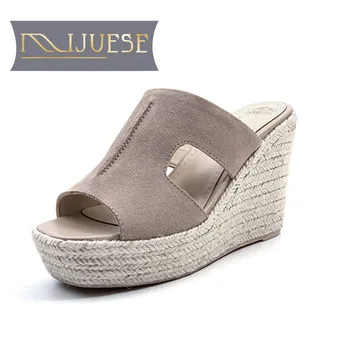 

MLJUESE 2018 women slippers summer slip on open toe Black color cutouts wedges pumps sandals women mules women size 34-39