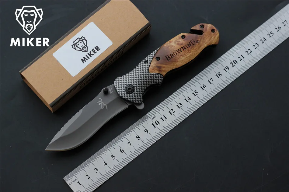 MIKER Browning X50 Tactical Folding Knife Steel Blade Wood Handle