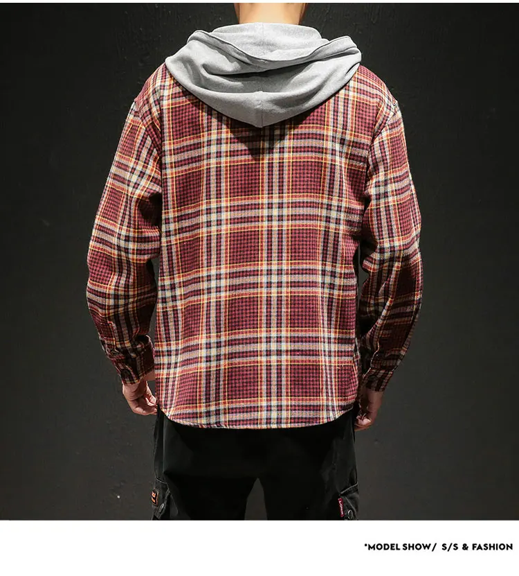 FUGOISM M-5XL плюс размер с капюшоном плед рубашки для мужчин Модная рубашка с длинными рукавами из хлопка и льна повседневные универсальные свободные топы