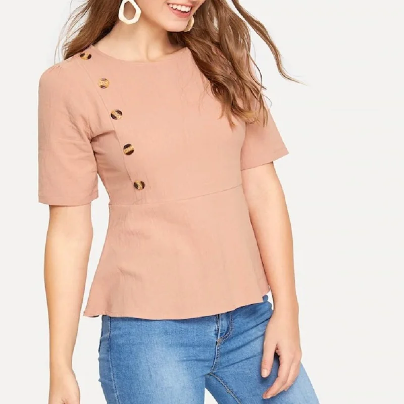 

New T-Shirt For Women Summer 2019 Fashion Casual Solid With Button Short Sleeve Female Top Slim O-Neck Pink Women Summer T-Shirt