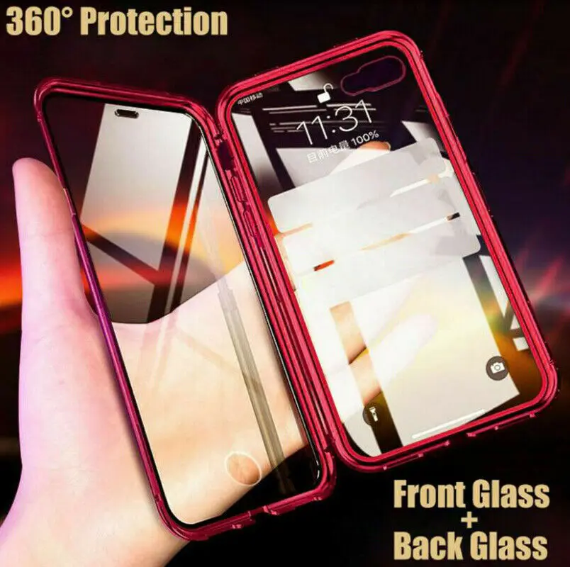 

Transparent Magnetic Case for iPhone 8 7 6 6s Plus+Tempered Glass Back Magnet Cases 360° Cover for iPhone XR XS MAX X Case Shell