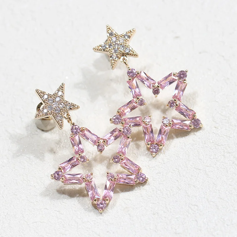 

High Quality Luxury Powder Yellow Pentangle Star Earring Temperament 925 Silver Needle Ear Studs For Women