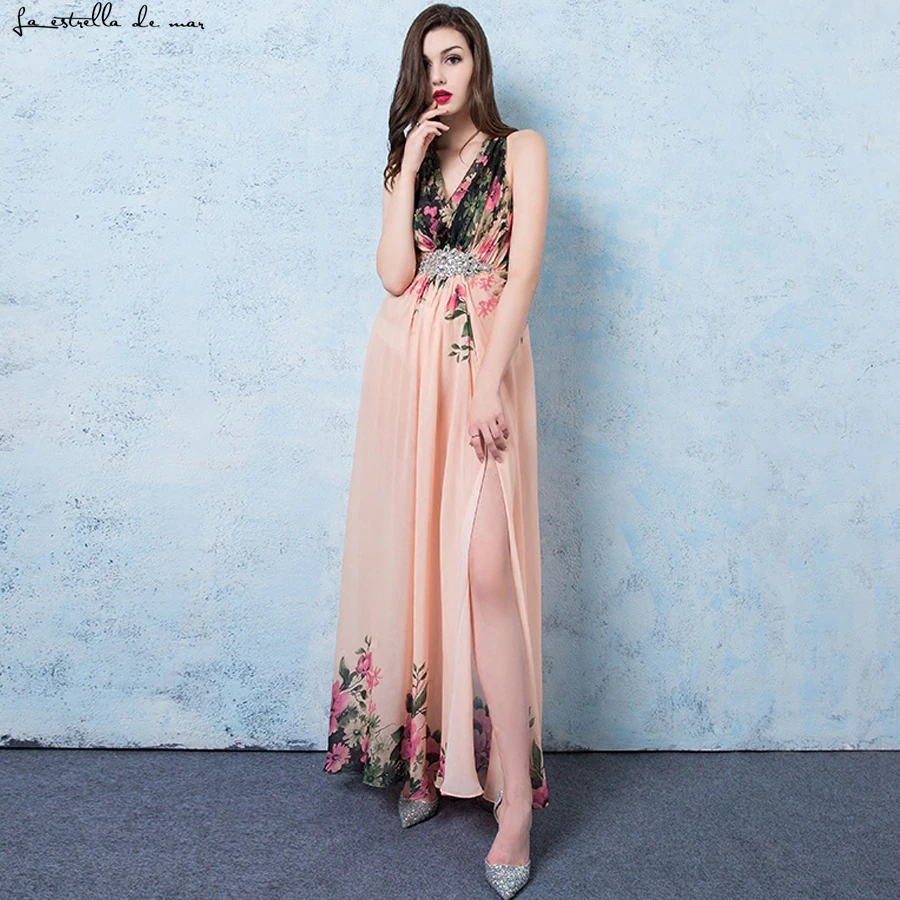 

Vestido madrinha 2019 sexy V neck high slit a line chiffon printed crystal bridesmaid dresses long 2 pieces wedding guest dress