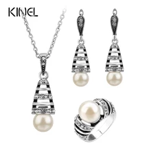 3 шт., серебряный цвет, жемчужные Ювелирные наборы для женщин, полые капли воды, ожерелье, серьги и кольцо, винтажный свадебный ювелирный комплект