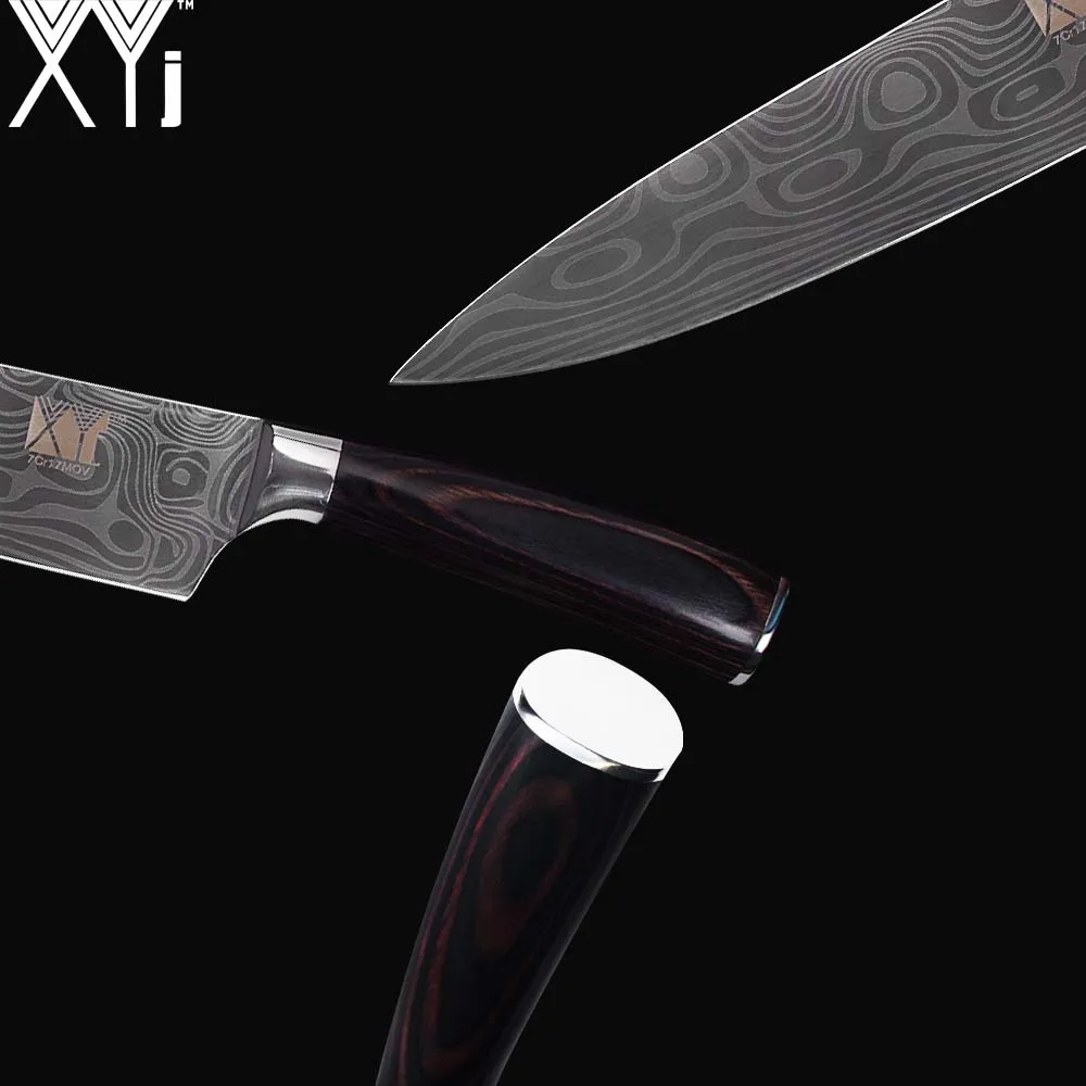 XYj 7cr17 набор кухонных ножей из нержавеющей стали аксессуары Дамасские вены шеф-повара для нарезки сантоку нож для очистки овощей инструменты для приготовления пищи