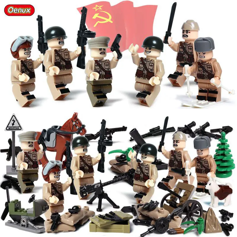 

Oenux New 6PCS World War 2 Soviet Army Soldiers Figures With Weapons Military Building Block Set Husky Sled Model Brick Boys Toy