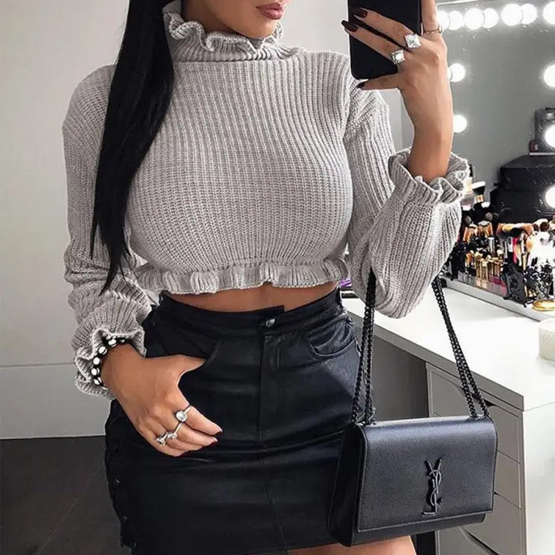 

Sexy Long Sleeve Crop Top 2019 Autumn White Gray Khaki Crochet Women Elegant Sweater Short Tank Crop Tops Bustier