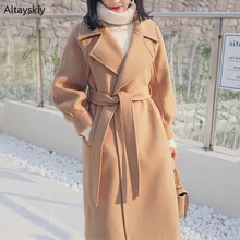Шерстяное Женское пальто с отложным воротником, карманами, для отдыха, простое, подходит ко всему, корейский стиль, элегантное, женское, мягкое, кавайное, длинное пальто