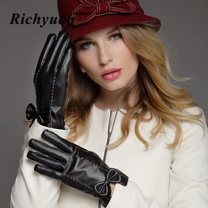Richyuan Для женщин классические черные зимние кожаные перчатки и варежки вождения сенсорные перчатки мужской Tacticos Для женщин перчатки