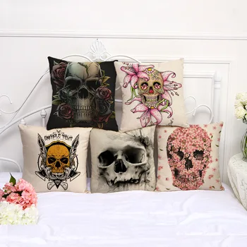 

Decorative Pillow Cushion Case Halloween Skull Head Floral Pillowcase 17.5 Inch Cotton Linen Chair Seat Throw Pillow Cover C1075