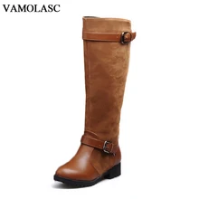 VAMOLASC New Women Autumn Winter Warm Faux Suede Knee High Knight Boots Square Low Heel Boots Buckle Women Shoes Plus Size 34-43