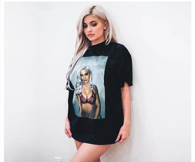 Kyliejenner Черная Женская футболка с принтом модные сексуальные свободные футболки с круглым вырезом футболки для женщин хип-хоп размера плюс S-3XL