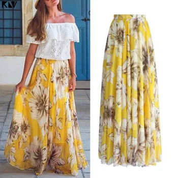 

KLV Summer High Waist Pleated Maxi Long Skirt Bohemian Blossom Floral Printed Vacation Beach Casual Irregular Skirt 4 Colors
