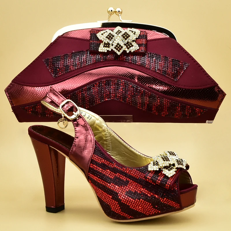 New Arrival Ladies Italian Shoes and Bag Set Decorated with Rhinestone Woman Italian Shoes and Bags Set High Heels Women Pumps
