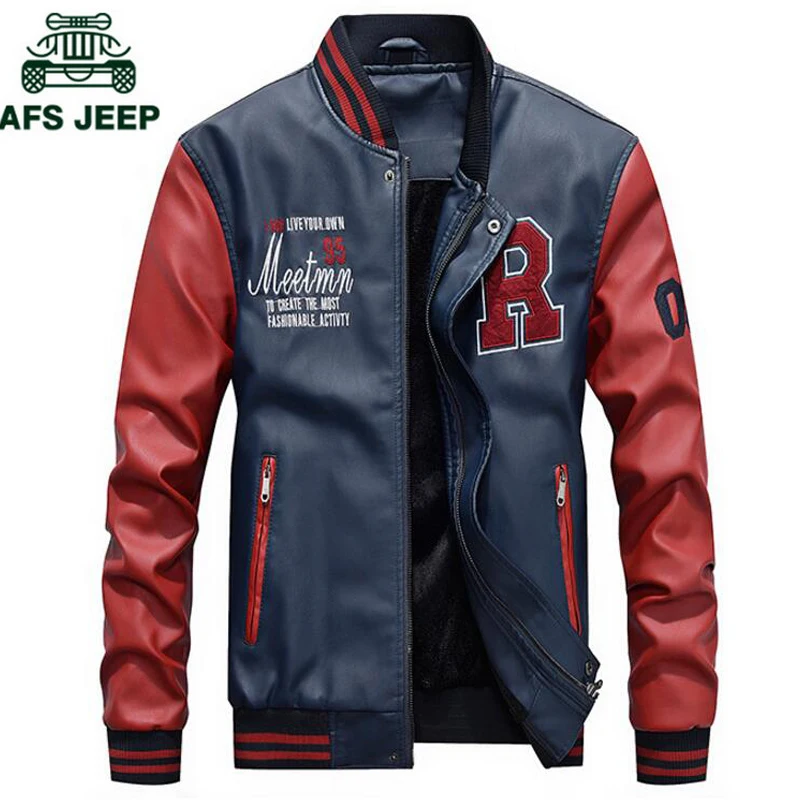

AFS JEEP Embroidery Baseball Jackets Men Letter Stand Collar Pu Leather Coats Plus Size 4XL Fleece Pilot Leather Jacket hombre