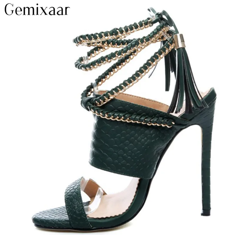 

Cool Snakeskin Cross Lace-up Decor Metal Chain Women Shoes Open Toe Slim Shallow Sandalias Fashion Thin High Heels Sandals Woman