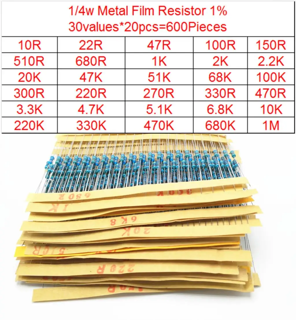 Комплект металлических пленочных резисторов 1/4 Вт 600 2600 шт. детали 30 1% набор