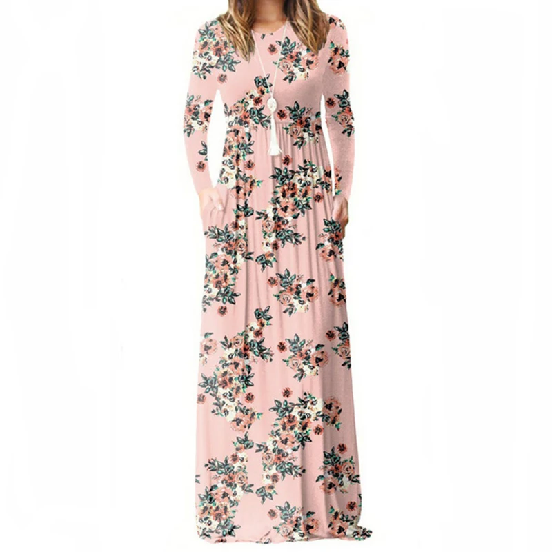 

New Boho Summer Floral Dress Robe Femme Long Sleeve Printed Women Maxi Long Dresses Autumn Boho Party Pocket Plus Size XXL GV083