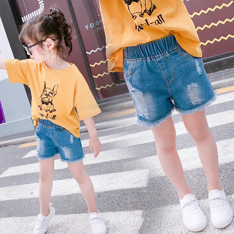 

Fashion Girls Hole Shorts Casual Solid Elastic Waist Jeans for Baby Kids Clothes Girls Hot Denim Pants for 6 8 10 12 Years