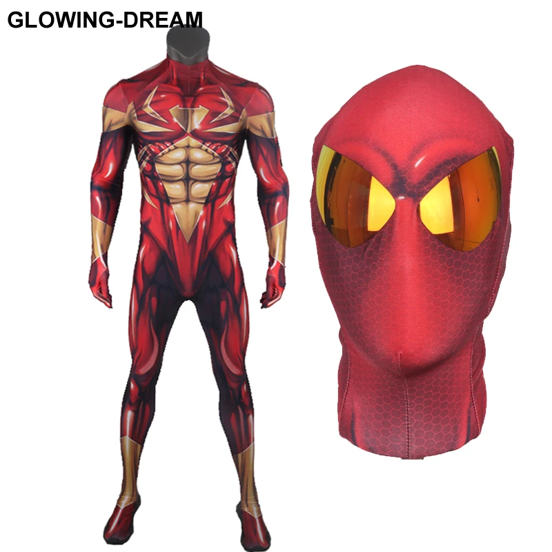 

High Quality Red Iron Spider Fullbody Zentai Suit With Mirror Lens Comic Iron Spider Cosplay Costume With U-zipper For Man