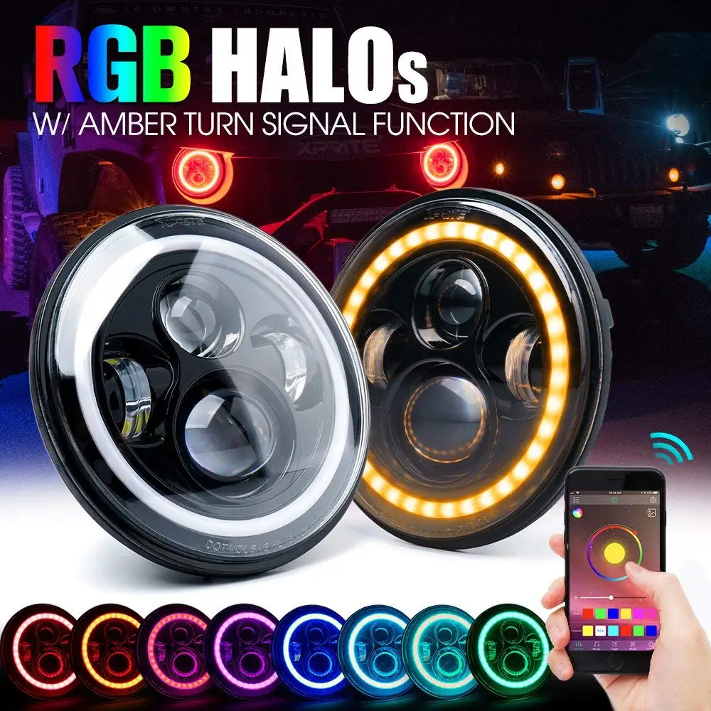 

7 inch LED RGB Headlight Round DRL Headlamp Flashing RGB Angel Eye Halo Ring Bluetooth Controlled for Jeep Wrangler JK LJ CJ