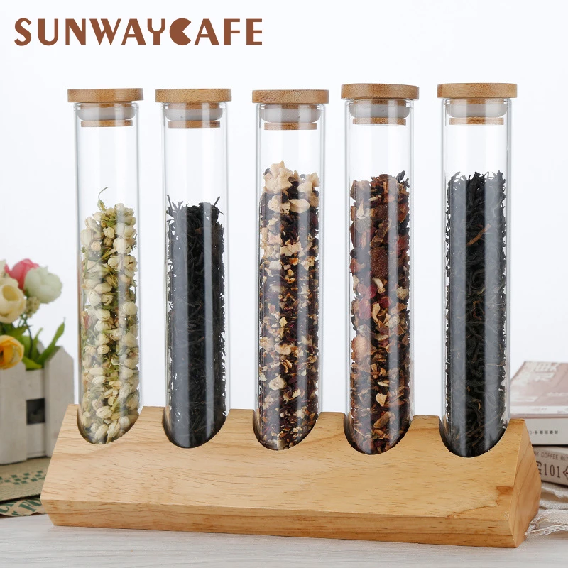 Creative Wooden Coffee Beans Flower Tea Display Rack Stand Cereals canister Glass Test Tube sealed Storage Decorative Ornaments