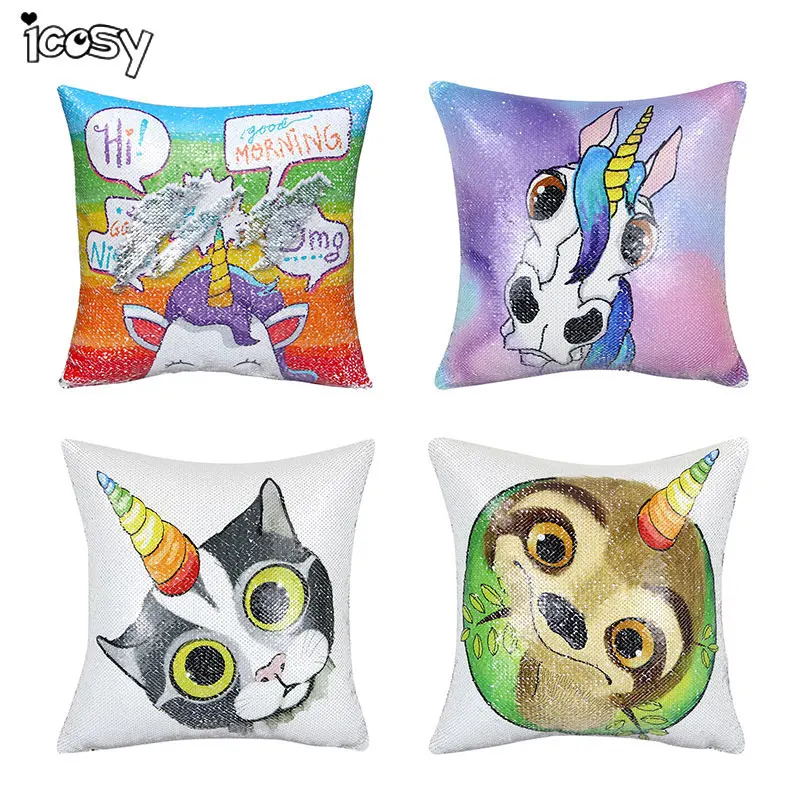 

Icosy Reversible Sequins Unicorn Cushion Cover Magic Mermaid Pillowcase Pillows For Sofa Festive Home Decor DropShipping 40x40cm
